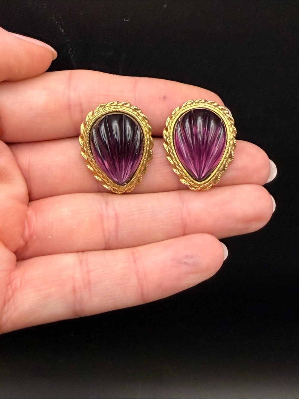 Vintage 1928 Jewelry Purple Carved Glass Earrings Gold Tone Pierced Ornate
